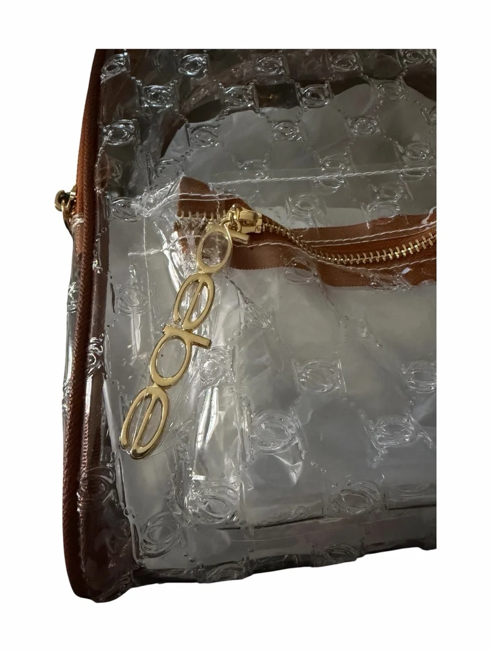 NWT-BEBE-Caitlin Clear Backpack with Brown Trim and Gold Accents